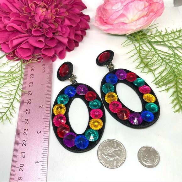 VINTAGE⚜️RETRO Multicolor Crystal Black Velvet Clip Earrings - Picture 7 of 7
